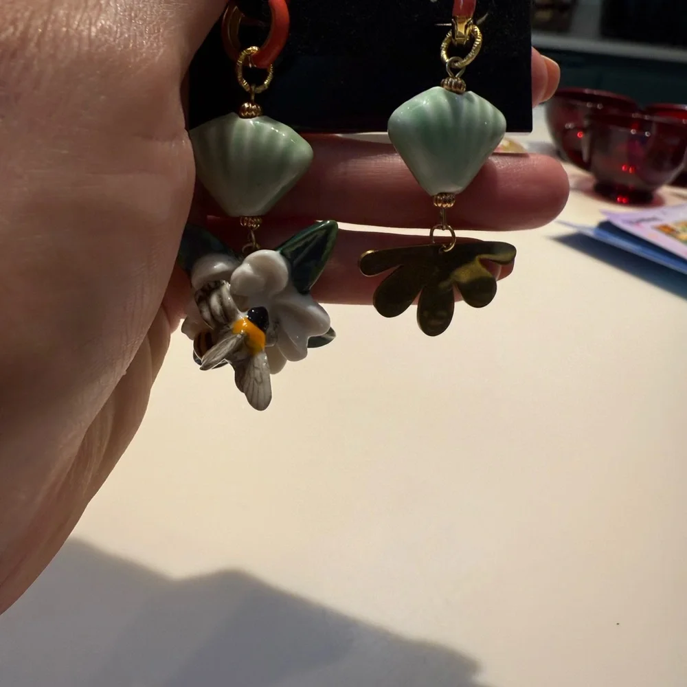 Whimsical Mismatched Bee & Flower Statement Earrings One of‎ a Kind Artisan